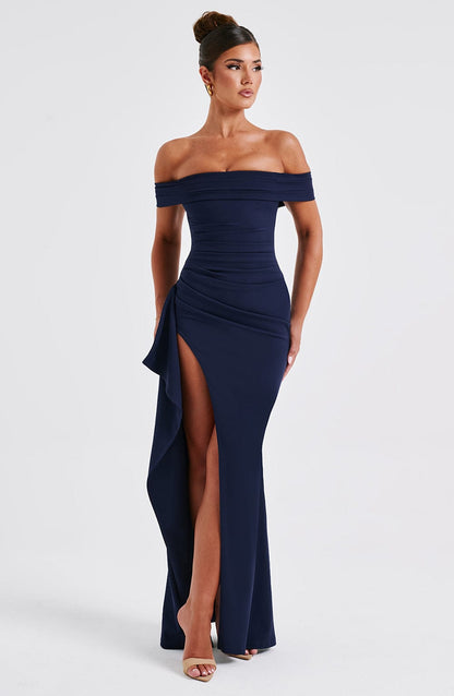 Alba - Vestido Maxi de Satén con Hombros Descubiertos
