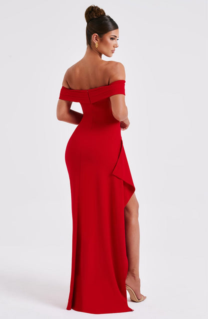 Alba - Vestido Maxi de Satén con Hombros Descubiertos