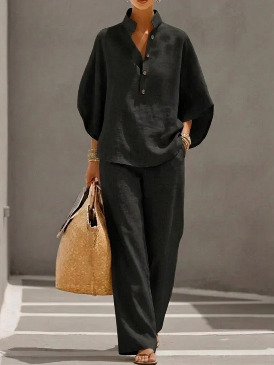 Maribel - Conjunto de Lino con Mangas Murciélago y Pantalón Ancho