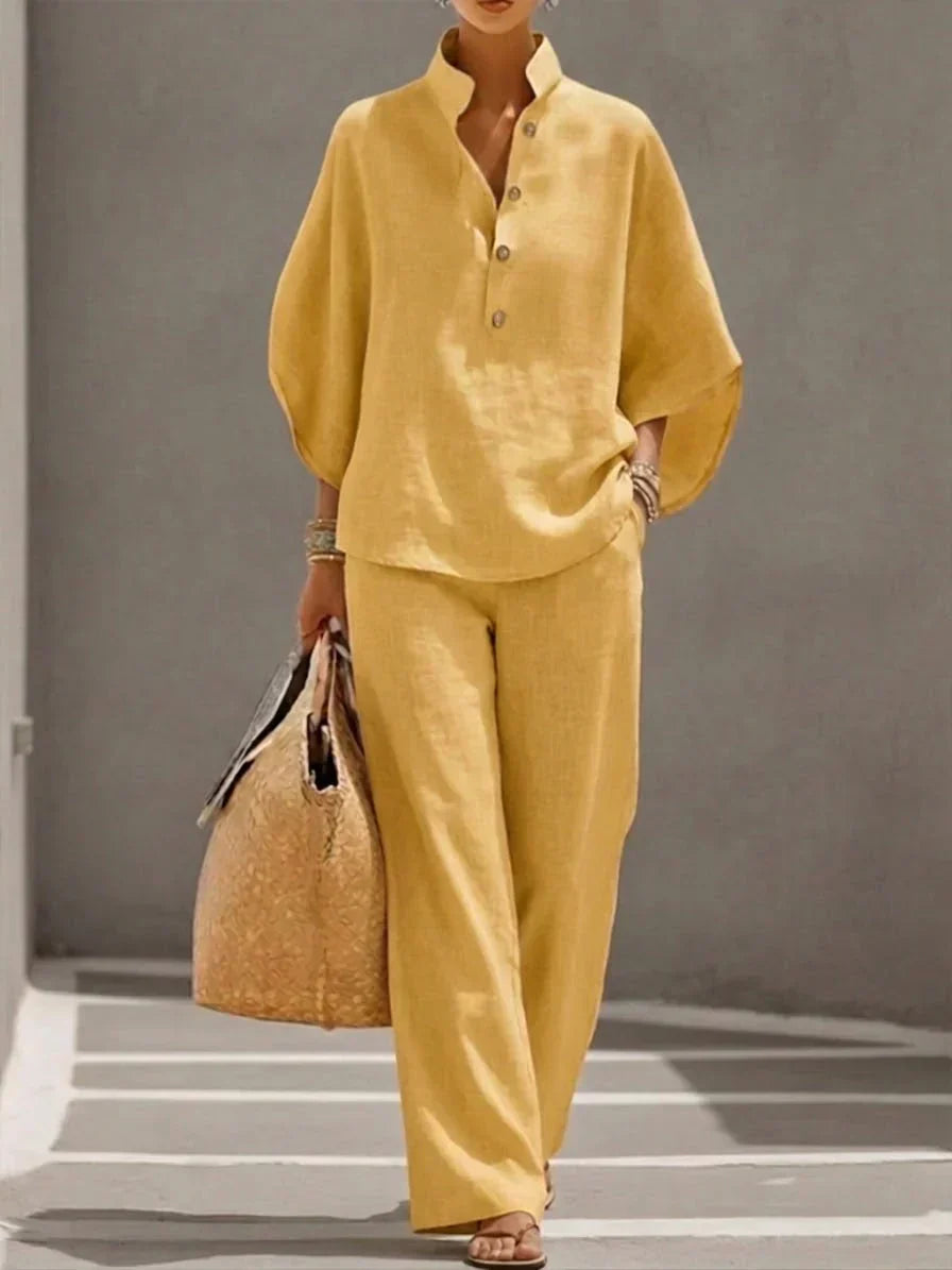 Maribel - Conjunto de Lino con Mangas Murciélago y Pantalón Ancho