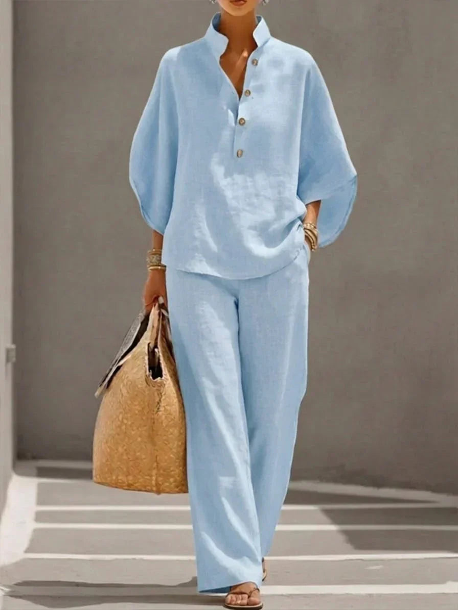 Maribel - Conjunto de Lino con Mangas Murciélago y Pantalón Ancho