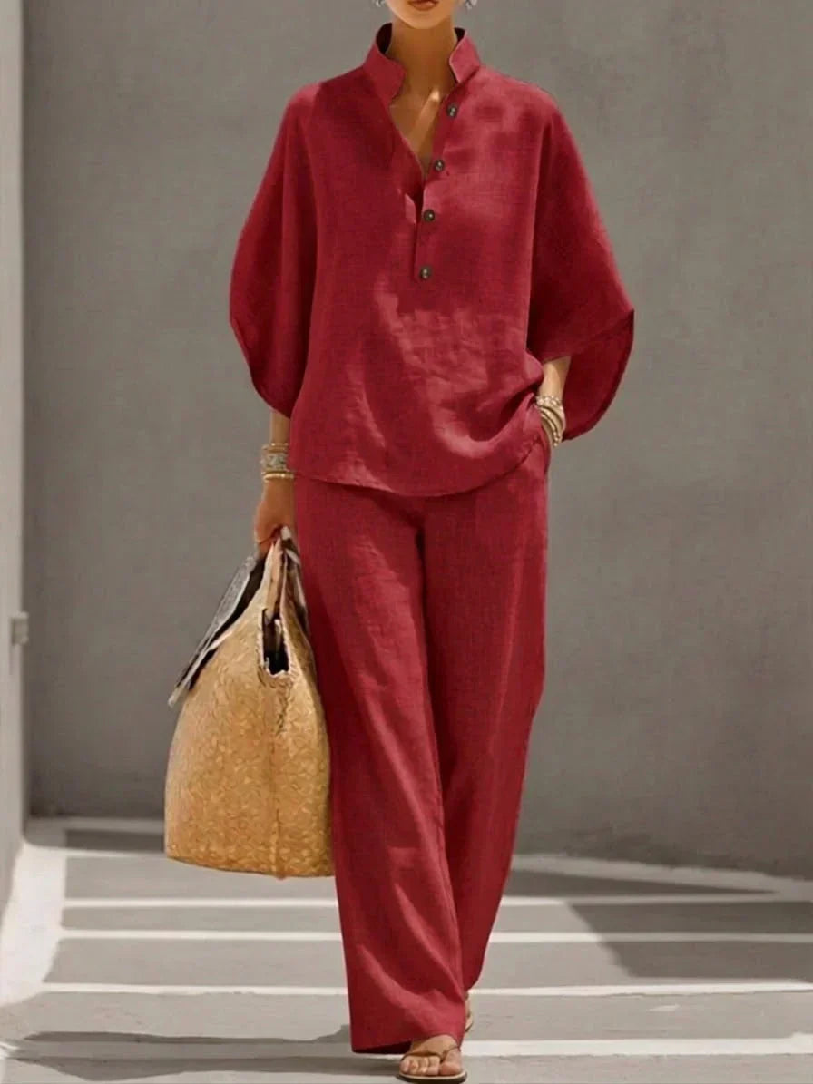 Maribel - Conjunto de Lino con Mangas Murciélago y Pantalón Ancho