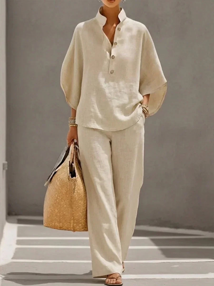 Maribel - Conjunto de Lino con Mangas Murciélago y Pantalón Ancho