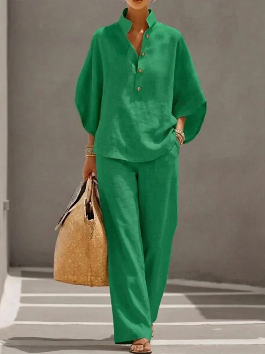 Maribel - Conjunto de Lino con Mangas Murciélago y Pantalón Ancho