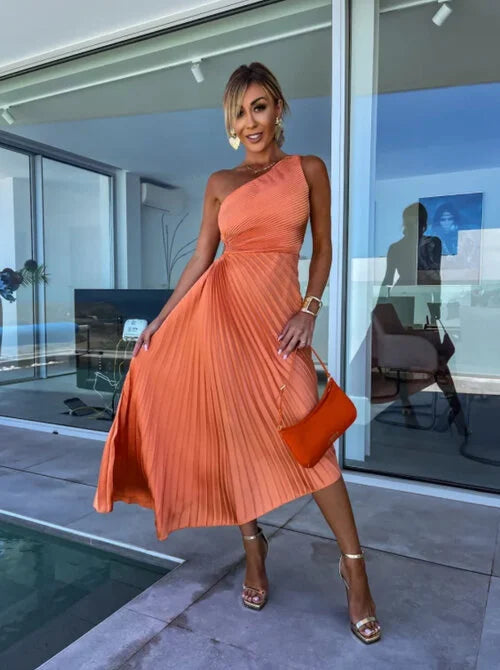Irene - Vestido Midi Plisado con Un Solo Hombro